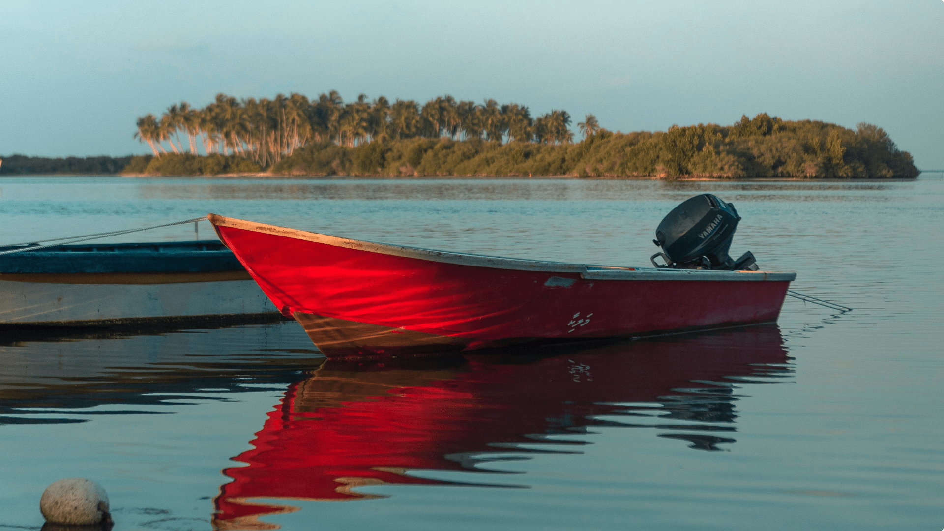 Photograph of a red boat on the lake