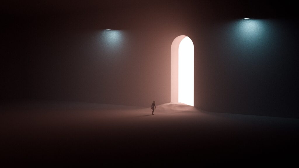 Creative image of man walking towards illuminated doorway